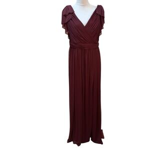 Adrianna Papell Burgundy Pleated Mesh Flutter Sleeve Maxi Gown Dress Size 12